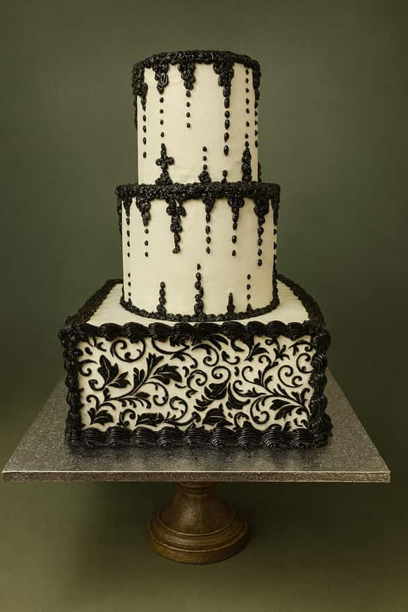 Three-tier cake with a square ivory base tier piped with an ornate black damask scroll pattern and two round ivory tiers above decorated with black beadwork, scallop borders and cross motifs, on a distressed wooden cake stand.