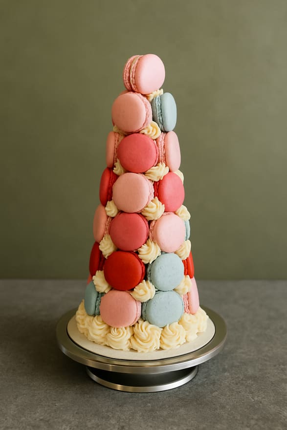 Cone-shaped macaron tower built from pink, coral, red and pale blue macarons with piped cream rosettes between them, on a brushed steel turntable.
