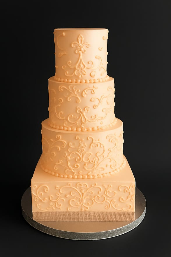 Four-tier wedding cake covered in pale peach fondant, three round tiers above a square base, decorated with tone-on-tone piped scrollwork, fleur motifs and pearl borders.