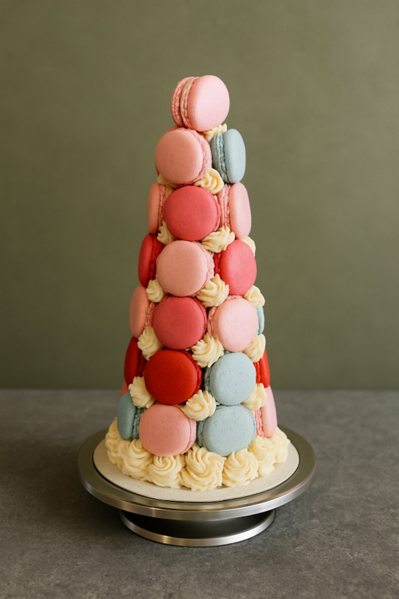Macaron tower: a cone stacked with coral, pink, red and sea-green macarons with piped cream rosettes between them, on a steel stand against an olive backdrop.