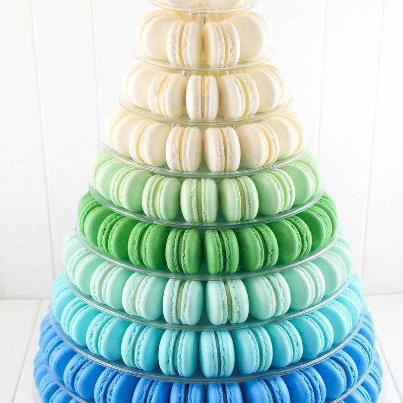 Tiered acrylic macaron tower graded from cream at the top through pale green and mint to deep blue at the base, against white panelling.