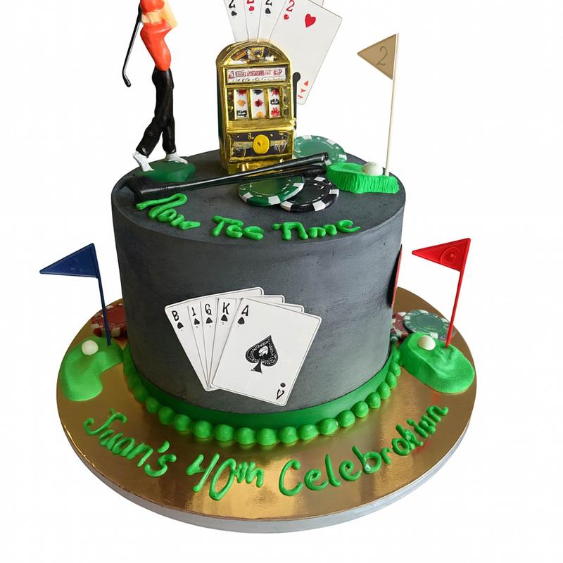Charcoal buttercream cake with a green base border lettered Now Tee Time, dressed with fondant playing cards, poker chips, golf flags, a golfer figure and a slot-machine topper.