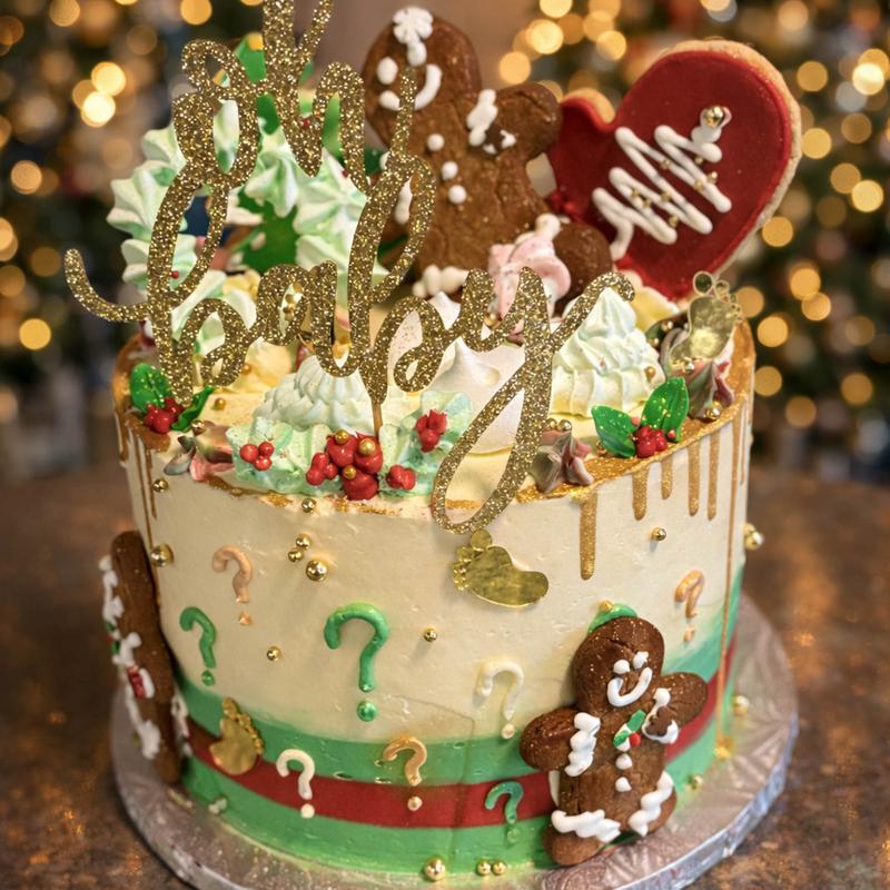 Festive gender-reveal cake in cream, green and red buttercream with a gold drip, gingerbread figures, meringue kisses, sugar holly, piped question marks and a gold glitter oh baby topper, in front of Christmas lights.