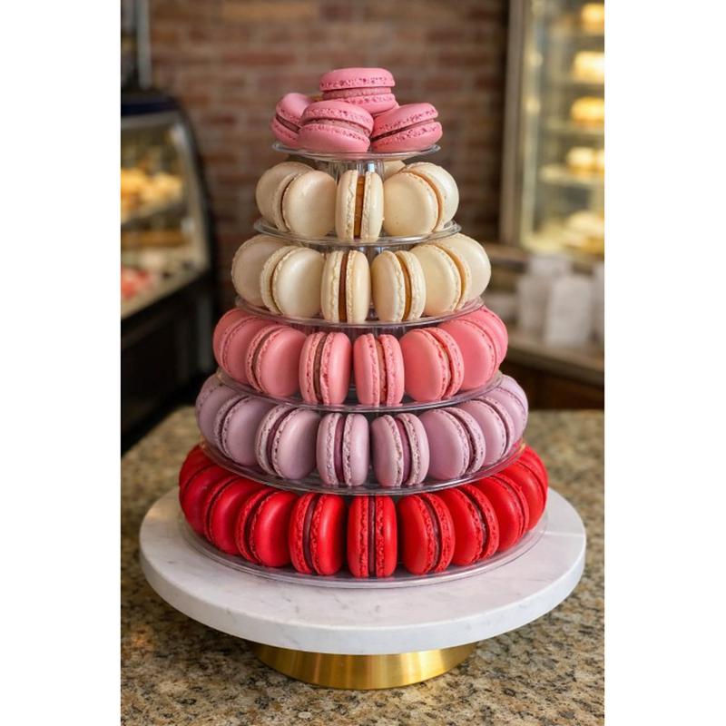 Tiered macaron tower on a marble stand graded from red at the base through lilac and rose to pink at the top, in the bakery beside the display cases.