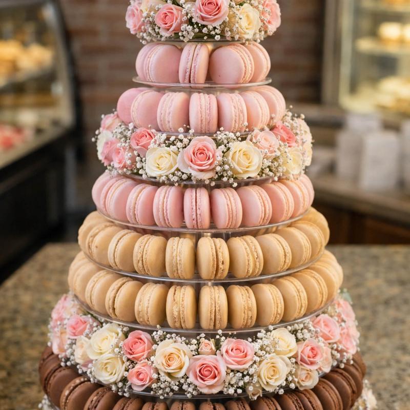 Large tiered macaron tower in the shop, graded from chocolate through caramel to pink, with garlands of blush and cream roses and baby's breath threaded between the tiers.
