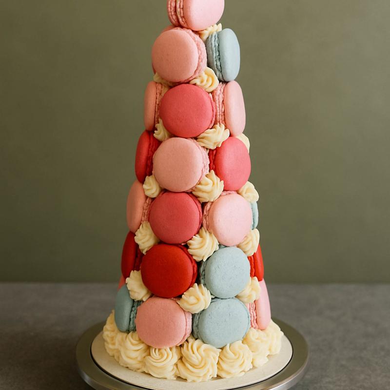 Cone-shaped macaron tower in coral, pink and sea-green shells with piped cream rosettes between them, on a silver stand against an olive backdrop.