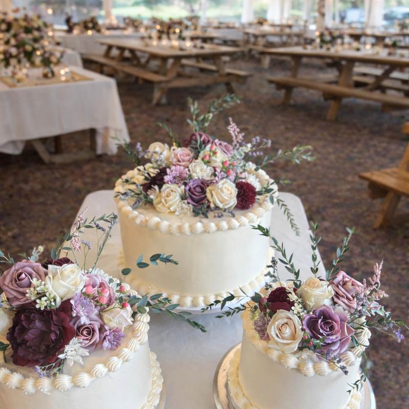 Three ivory buttercream cakes with shell borders at an outdoor reception, each crowned with mauve, burgundy and cream roses and trailing eucalyptus, with picnic tables behind.