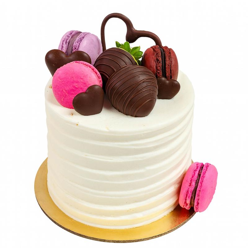 Cake in ridged white cream topped with chocolate-dipped strawberries, chocolate hearts and pink and lilac macarons, with a further macaron leaning against the base.