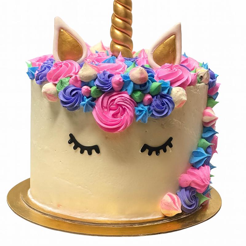 Unicorn cake in ivory buttercream with a gold fondant horn and ears, closed black lashes, and a mane of pink, purple, blue and green rosettes and meringue kisses falling down one side.