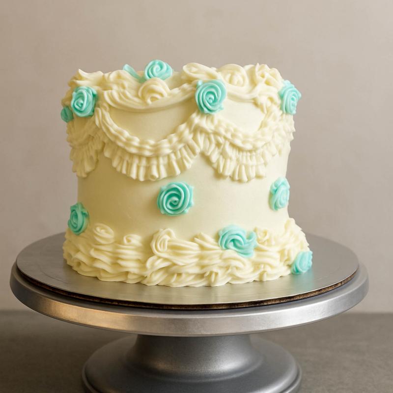 Vintage Lambeth-style cake in ivory buttercream with piped swags, ruffled borders and small teal rosettes, on a silver cake stand.