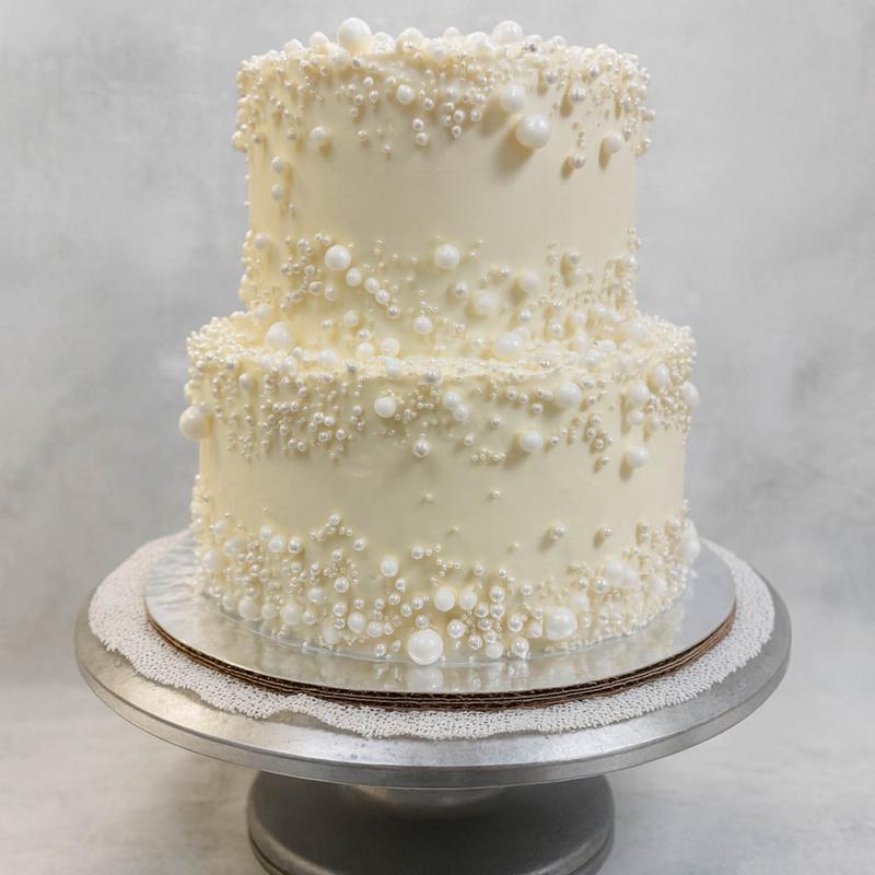 Two-tier ivory buttercream cake with a cascade of white sugar pearls in graded sizes falling from the top of each tier, on a silver stand.