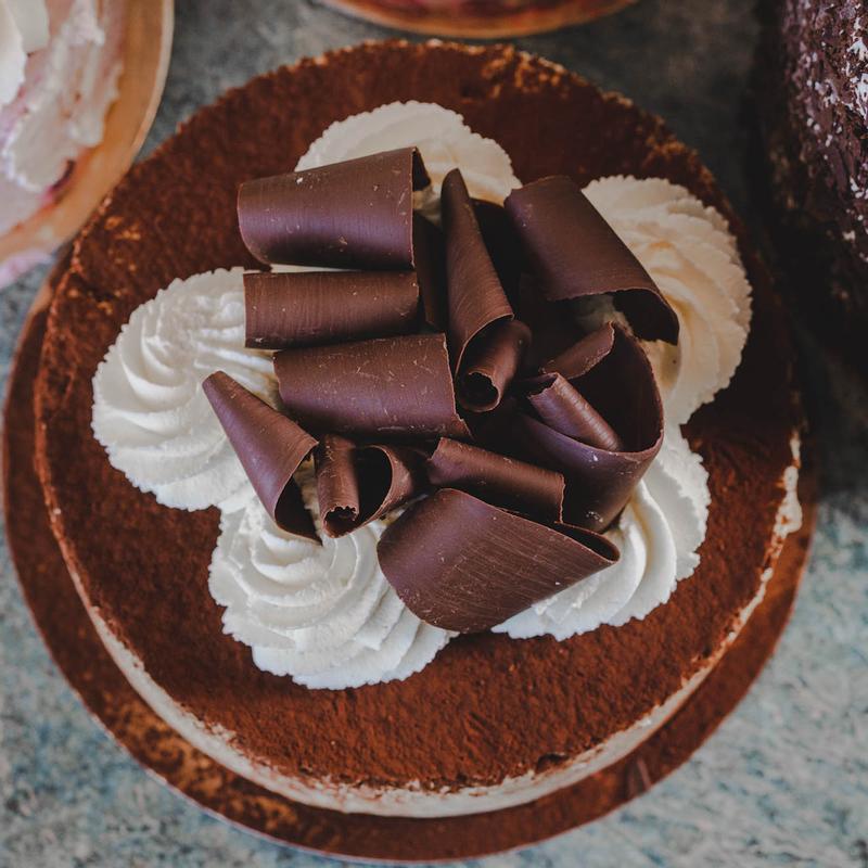 Cocoa-dusted tiramisu seen from above, ringed with piped cream rosettes and heaped at the centre with dark chocolate curls.