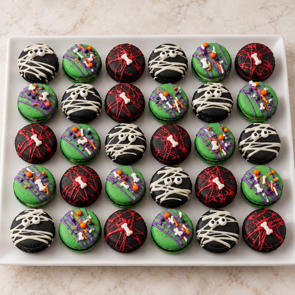 MacaBOOns, our Halloween macarons: mummies, monsters and bloody bones on a tray