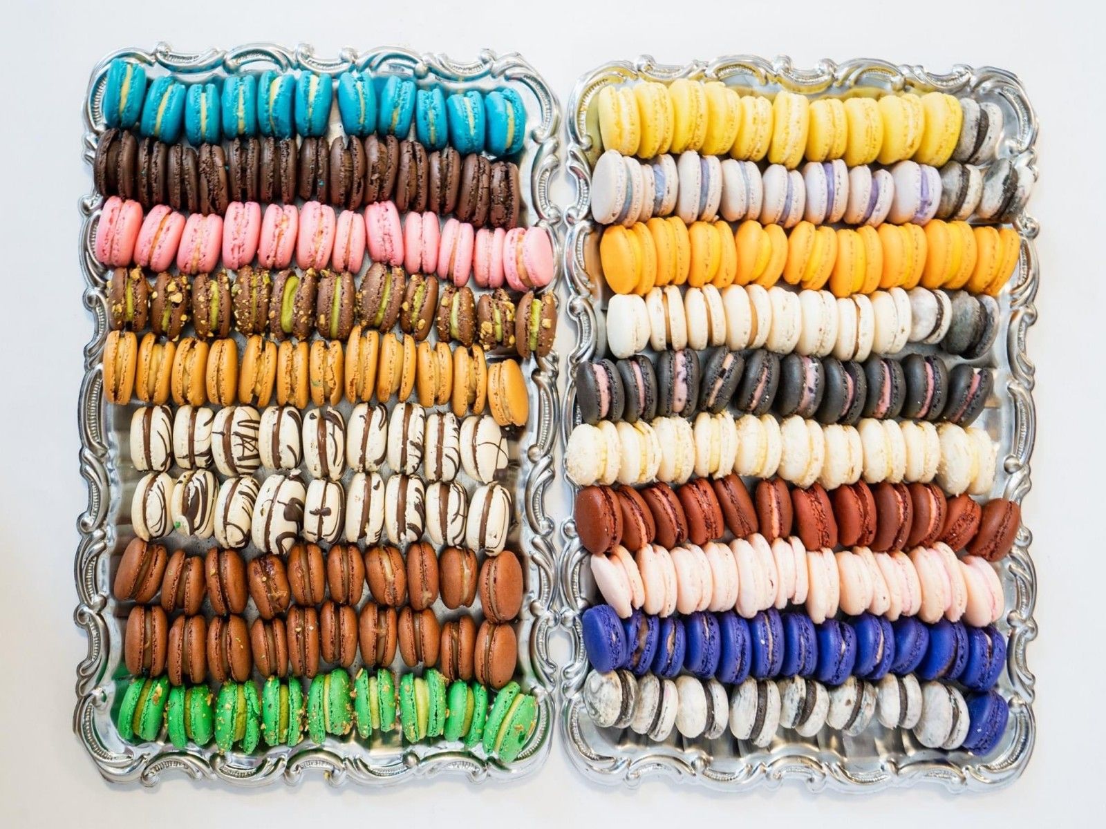 Trays of assorted French macarons